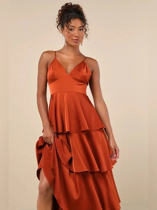 Lulus Going with Elegance Rust Brown Satin Tiered Gown - Picture 5 of 13